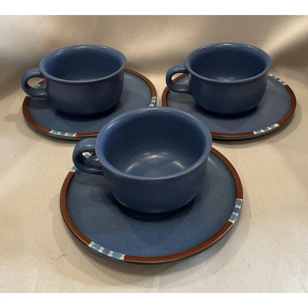 Dansk Mesa Sky Blue Tea Cups Saucers Set of 3 Stoneware Made in Japan Vintage